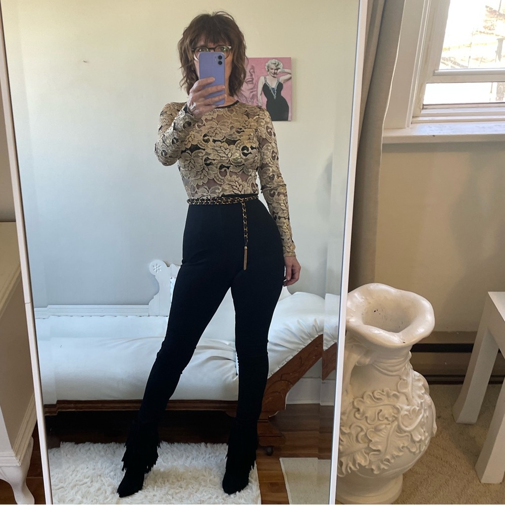 BLACK JUMPSUIT GOLD SHEER LACE LONG SLEEVE TOP BUTTON CLOSURE KEYHOLE DESIGN